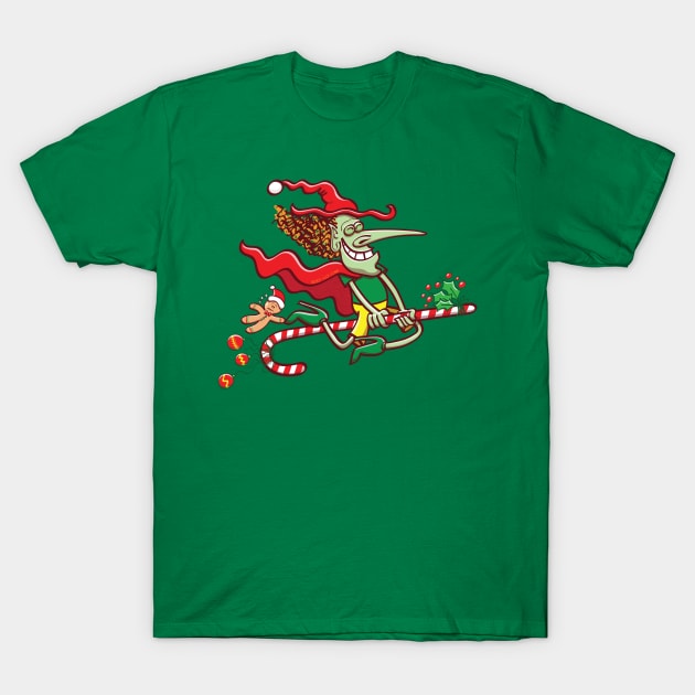 Halloween witch riding a Christmas candy cane T-Shirt by zooco